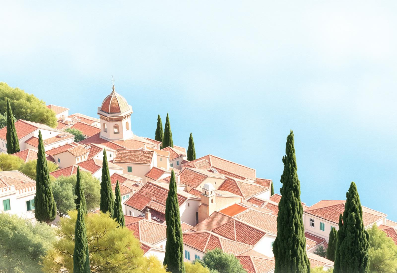 Watercolor view of Corfu old town with cypress trees and the Ionian sea